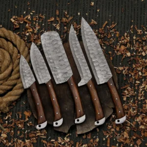 Damascus Steel Chef Set Of 5 Pcs, Kitchen Knife Set, With Leather Cover BBQ chef Set