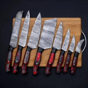 Handmade Damascus Chef Set of 8 Pcs with Leather Bag Kitchen Knife Set