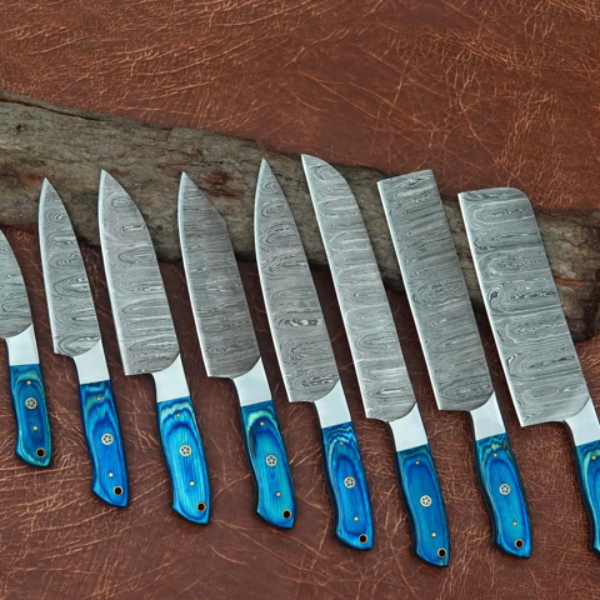 Custom Handmade Damascus Steel 8 Piece Chef Set Chef Knife Pairing Knife Chef Cleaver with Leather Sheath