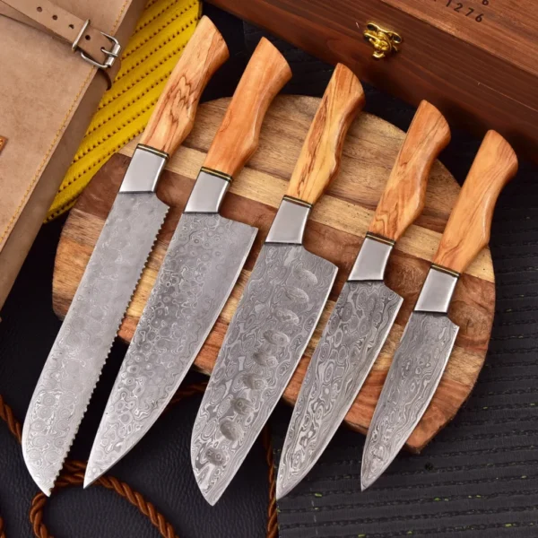 Handmade Damascus Steel Chef Knife Set  5 Pcs | Hand Forged Kitchen Knife Set | Kitchen Use Set | Damascus Set | Anniversary Gifts - Image 3