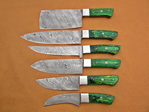 Custom Handmade Damascus Steel Fixed Blade Kitchen Chef Knife Set, 6 PIECE CHEF SET, Micarta Handle - Image 5