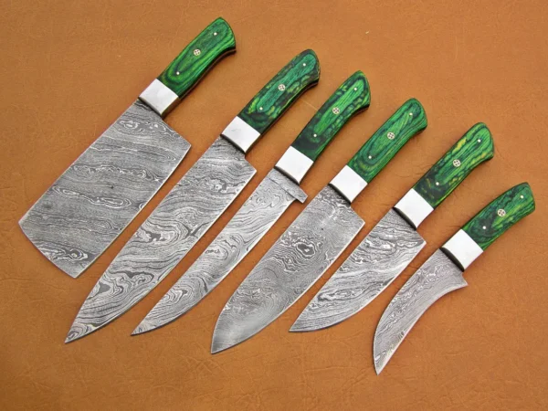 Custom Handmade Damascus Steel Fixed Blade Kitchen Chef Knife Set, 6 PIECE CHEF SET, Micarta Handle - Image 6