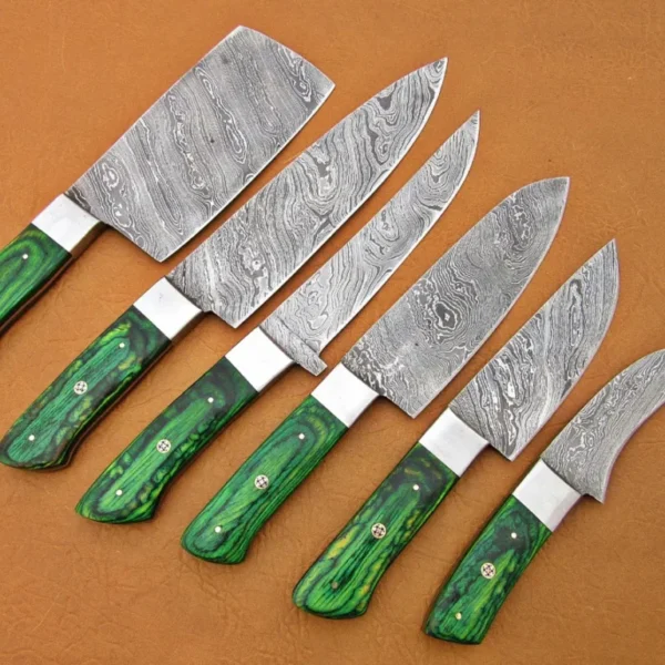 Custom Handmade Damascus Steel Fixed Blade Kitchen Chef Knife Set, 6 PIECE CHEF SET, Micarta Handle