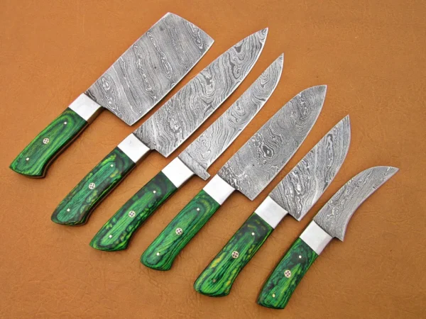 Custom Handmade Damascus Steel Fixed Blade Kitchen Chef Knife Set, 6 PIECE CHEF SET, Micarta Handle