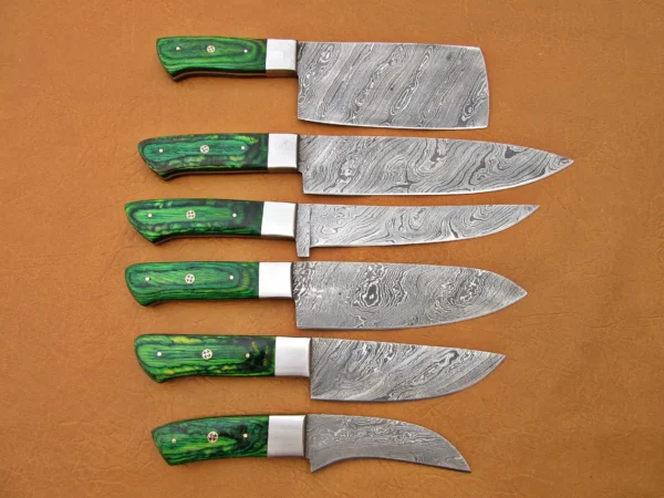 Custom Handmade Damascus Steel Fixed Blade Kitchen Chef Knife Set, 6 PIECE CHEF SET, Micarta Handle - Image 4