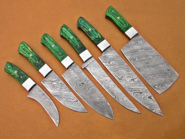 Custom Handmade Damascus Steel Fixed Blade Kitchen Chef Knife Set, 6 PIECE CHEF SET, Micarta Handle - Image 7