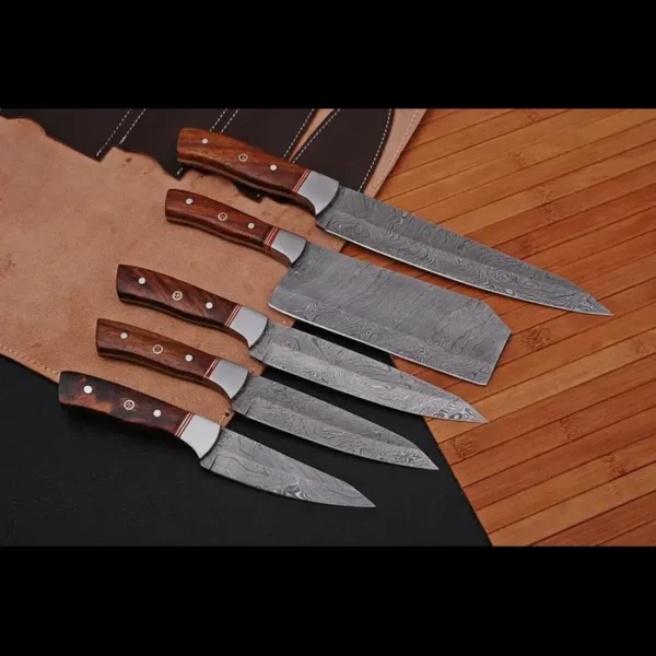 Hand forged Damascus Steel 5 Pcs Chef knife Set, Walnut Wood ,professional chef set with leather bag