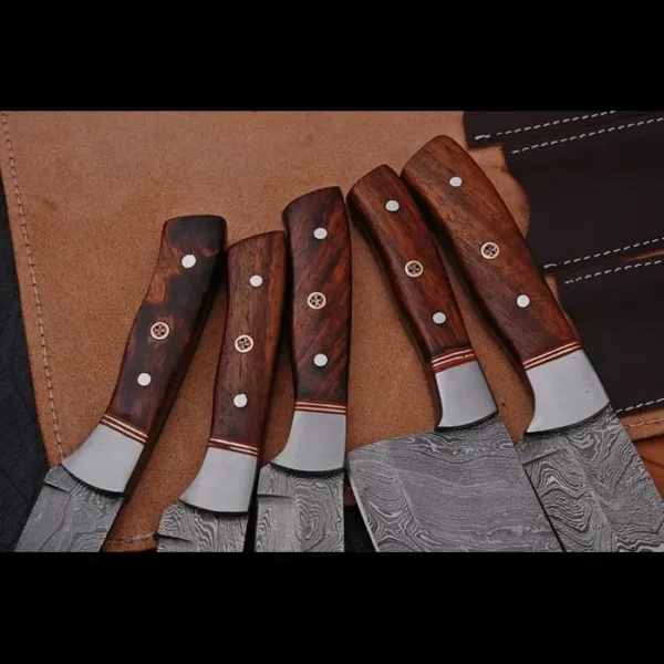 Hand forged Damascus Steel 5 Pcs Chef knife Set, Walnut Wood ,professional chef set with leather bag - Image 3