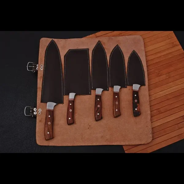 Hand forged Damascus Steel 5 Pcs Chef knife Set, Walnut Wood ,professional chef set with leather bag - Image 4