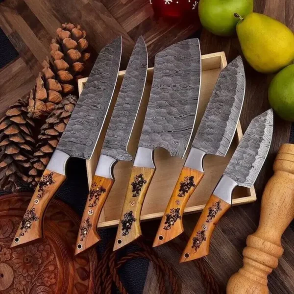 Handmade Damascus Steel Chef 5 Pcs Knife Set, Hand Forged Kitchen Knife Set, Kitchen Use Set, Damascus Set - Image 2