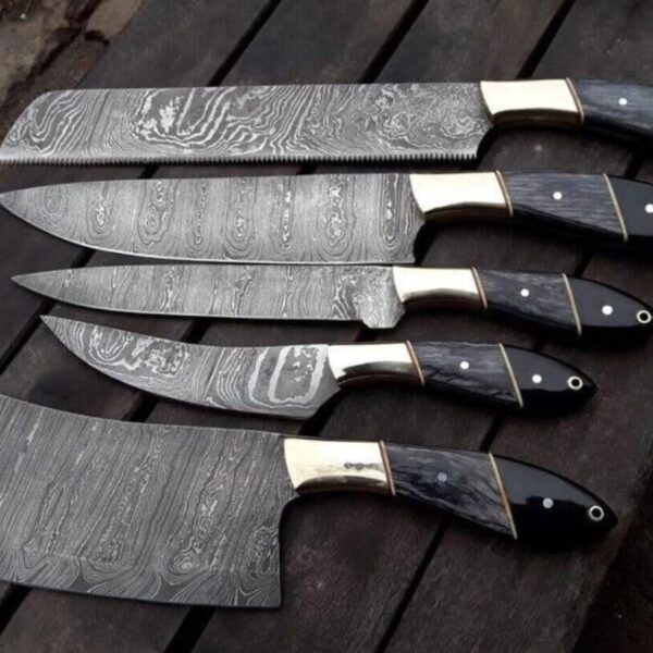 Hand Forged Damascus Steel Chef Set 5 Pcs, Damascus Knife Set, Damascus Chef's Knife Set, Damascus Kitchen Knife Set