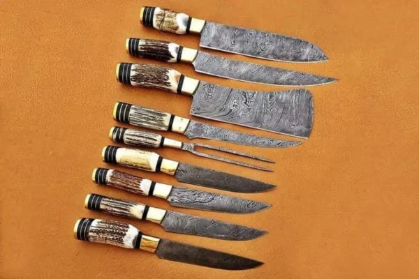 Custom Handmade Damascus Steel Fixed Blade Kitchen Chef Knife Set, 7 PIECE CHEF SET, Buffalo Horn Handle - Image 2