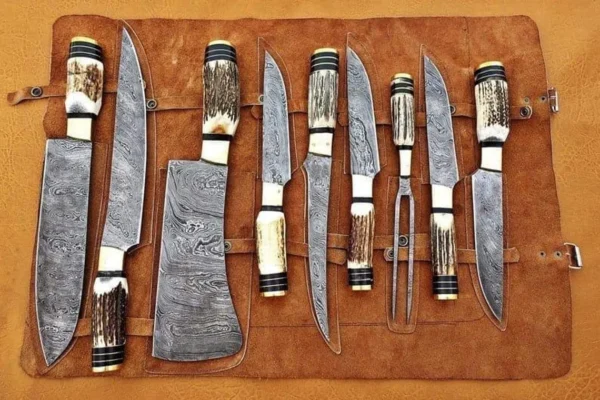 Custom Handmade Damascus Steel Fixed Blade Kitchen Chef Knife Set, 7 PIECE CHEF SET, Buffalo Horn Handle - Image 3