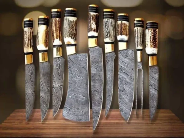 Custom Handmade Damascus Steel Fixed Blade Kitchen Chef Knife Set, 7 PIECE CHEF SET, Buffalo Horn Handle - Image 5