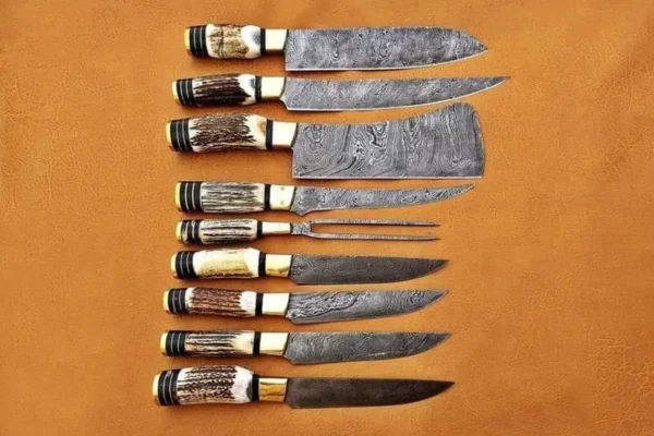 Custom Handmade Damascus Steel Fixed Blade Kitchen Chef Knife Set, 7 PIECE CHEF SET, Buffalo Horn Handle - Image 6