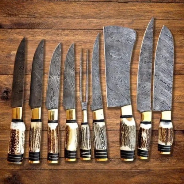 Custom Handmade Damascus Steel Fixed Blade Kitchen Chef Knife Set, 7 PIECE CHEF SET, Buffalo Horn Handle