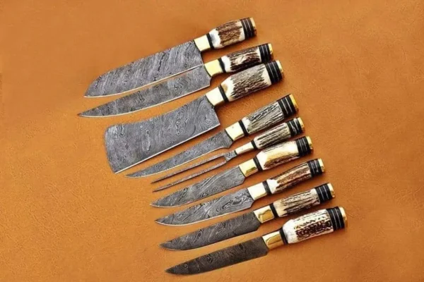 Custom Handmade Damascus Steel Fixed Blade Kitchen Chef Knife Set, 7 PIECE CHEF SET, Buffalo Horn Handle - Image 8