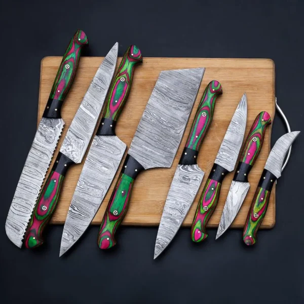 Handmade Damascus Steel Chef Set of 8Pcs With Leather Sheath - Image 3