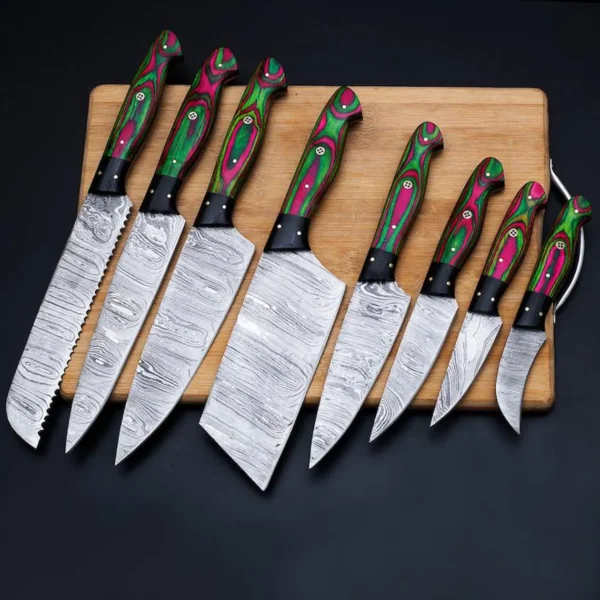 Handmade Damascus Steel Chef Set of 8Pcs With Leather Sheath - Image 4