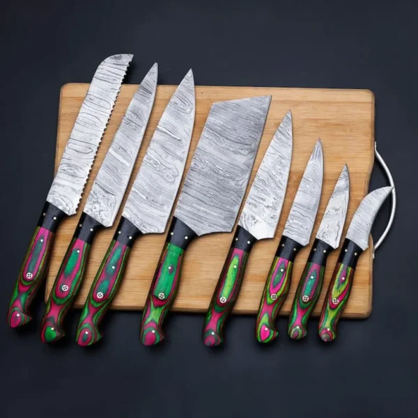 Handmade Damascus Steel Chef Set of 8Pcs With Leather Sheath