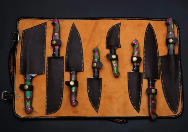 Handmade Damascus Steel Chef Set of 8Pcs With Leather Sheath - Image 5