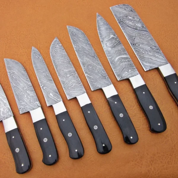 Custom Handmade Damascus Steel Fixed Blade Kitchen Chef Knife Set 7Pcs