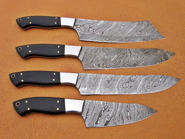 Custom Handmade Damascus Steel Fixed Blade Kitchen Chef Knife Set, 4 PIECE CHEF SET, Buffalo Horn Handle - Image 2