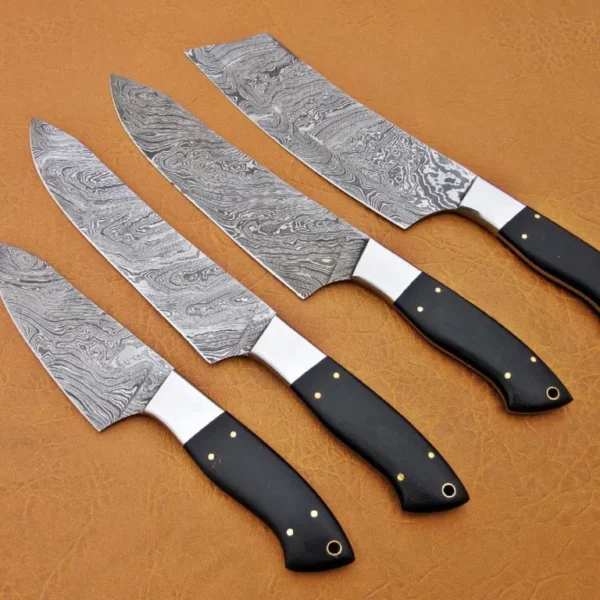 Custom Handmade Damascus Steel Fixed Blade Kitchen Chef Knife Set, 4 PIECE CHEF SET, Buffalo Horn Handle