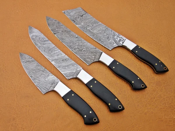 Custom Handmade Damascus Steel Fixed Blade Kitchen Chef Knife Set, 4 PIECE CHEF SET, Buffalo Horn Handle