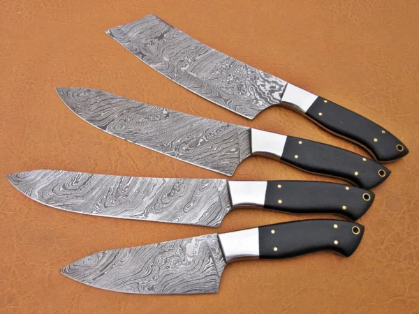 Custom Handmade Damascus Steel Fixed Blade Kitchen Chef Knife Set, 4 PIECE CHEF SET, Buffalo Horn Handle - Image 4