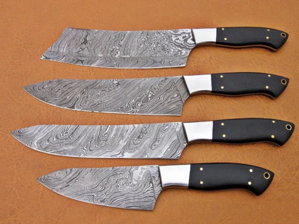 Custom Handmade Damascus Steel Fixed Blade Kitchen Chef Knife Set, 4 PIECE CHEF SET, Buffalo Horn Handle - Image 5