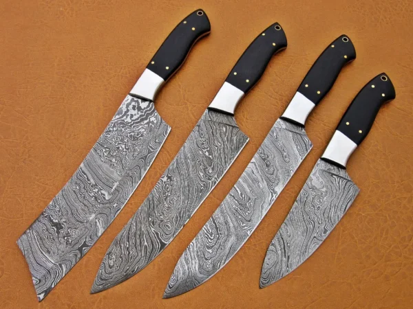 Custom Handmade Damascus Steel Fixed Blade Kitchen Chef Knife Set, 4 PIECE CHEF SET, Buffalo Horn Handle - Image 6