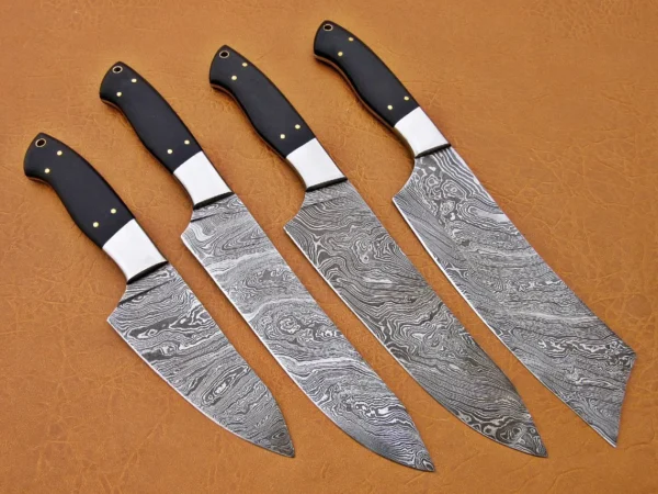 Custom Handmade Damascus Steel Fixed Blade Kitchen Chef Knife Set, 4 PIECE CHEF SET, Buffalo Horn Handle - Image 7