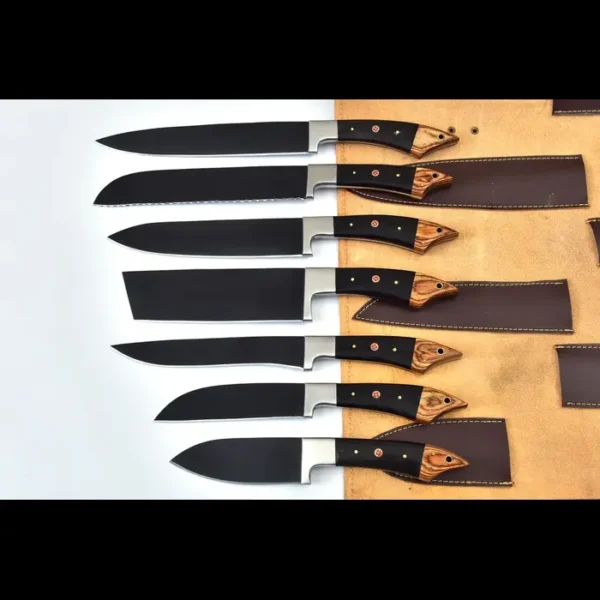 Hand forged Handmade High Carbon Steel Black Coated Rust Proof 7 Pcs Chef Set With Leather Bag