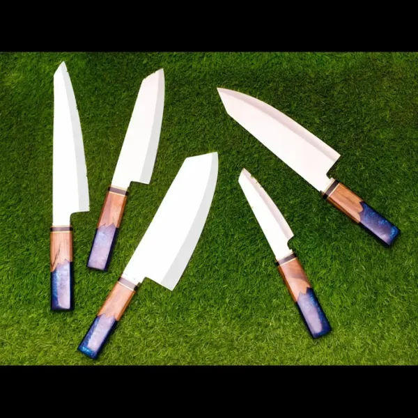 HAND FORGED Handmade Steel 7-Pcs Chef Knife Set with Blue Resin and Wood Handles Perfect Gift for Cooking