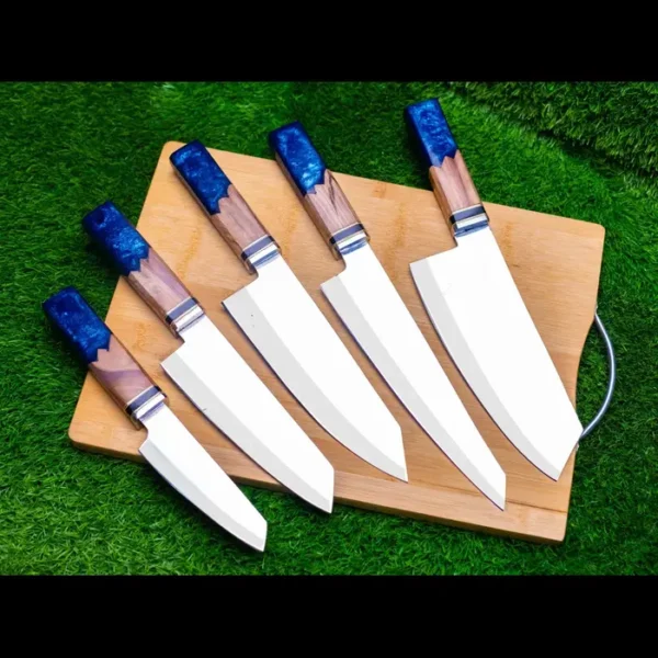 HAND FORGED Handmade Steel 7-Pcs Chef Knife Set with Blue Resin and Wood Handles Perfect Gift for Cooking - Image 3