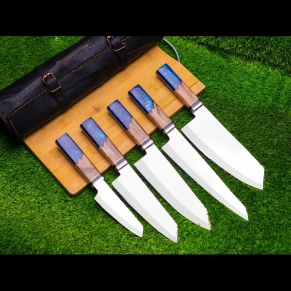 HAND FORGED Handmade Steel 7-Pcs Chef Knife Set with Blue Resin and Wood Handles Perfect Gift for Cooking - Image 4