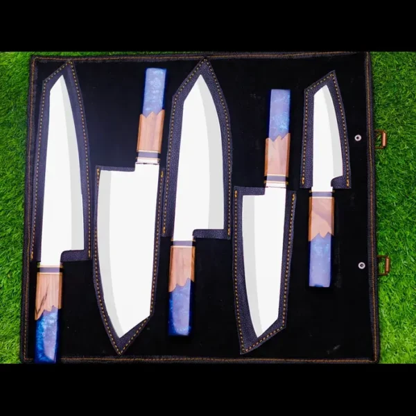 HAND FORGED Handmade Steel 7-Pcs Chef Knife Set with Blue Resin and Wood Handles Perfect Gift for Cooking - Image 5