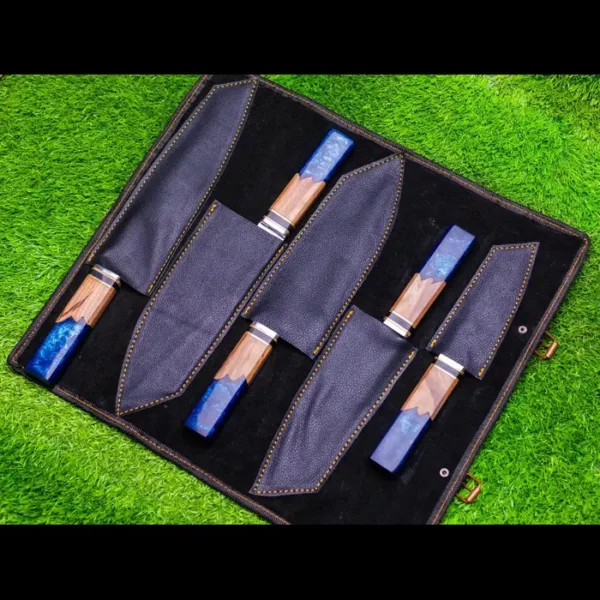 HAND FORGED Handmade Steel 7-Pcs Chef Knife Set with Blue Resin and Wood Handles Perfect Gift for Cooking - Image 6