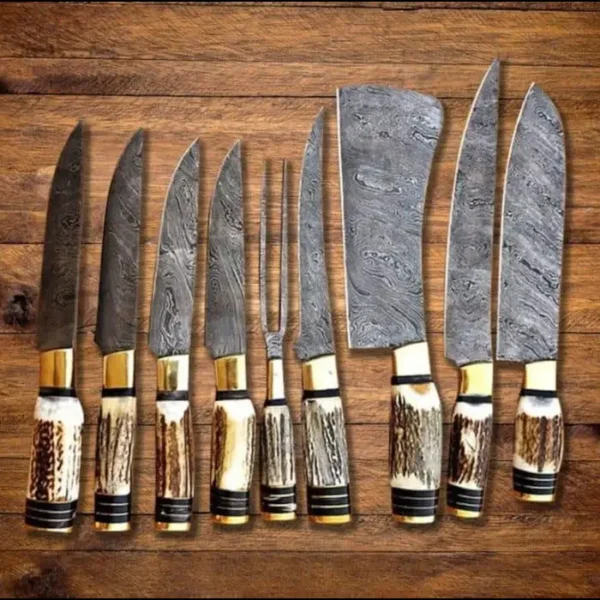 HAND FORGED Deer Horn Knife Set, Handmade Damascus Steel, Stag Handle Set, Chef Knife Set Of 5 Piece's - Image 3