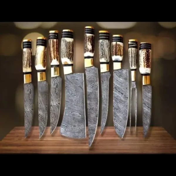 HAND FORGED Deer Horn Knife Set, Handmade Damascus Steel, Stag Handle Set, Chef Knife Set Of 5 Piece's - Image 5