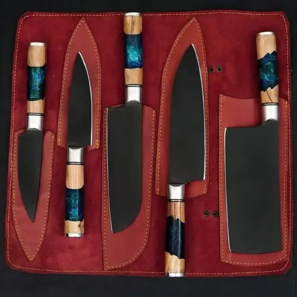 HAND FORGED Handmade carbon steel 5 pieces chef set with resin wood handle and leather case. kitchen knives - Image 2