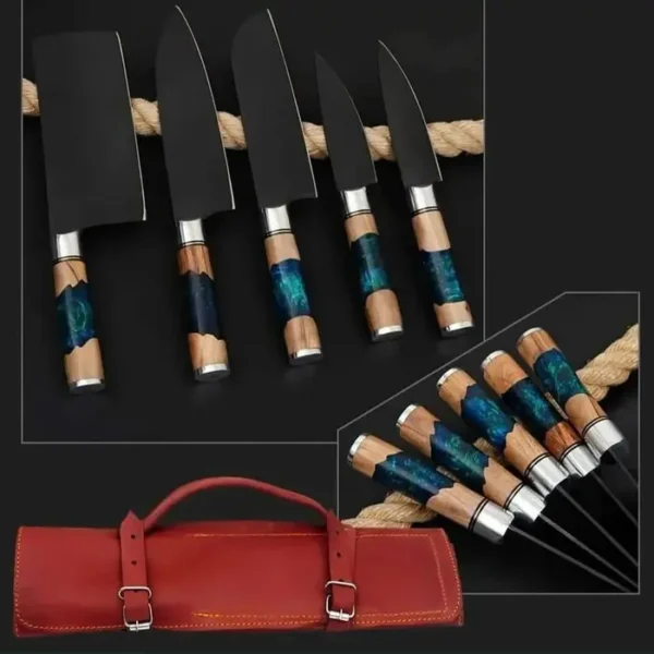 HAND FORGED Handmade carbon steel 5 pieces chef set with resin wood handle and leather case. kitchen knives - Image 5