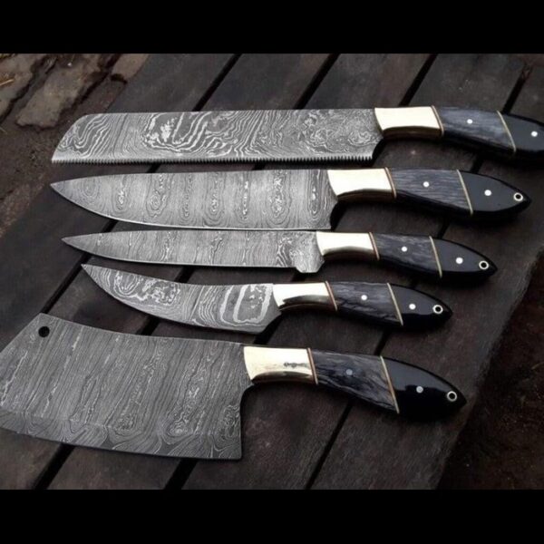 HAND FORGED Damascus Chef Set Of 5 Piece's ,Custom Handmade Chef Set , Handmade Damascus Chef Set