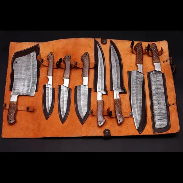 HAND FORGED Chef Set, Hand Forged Damascus Steel Chef Set 8Pcs with Leather Cover, BBQ Chef Set, Kitchen Set, Handmade Chef Set - Image 2