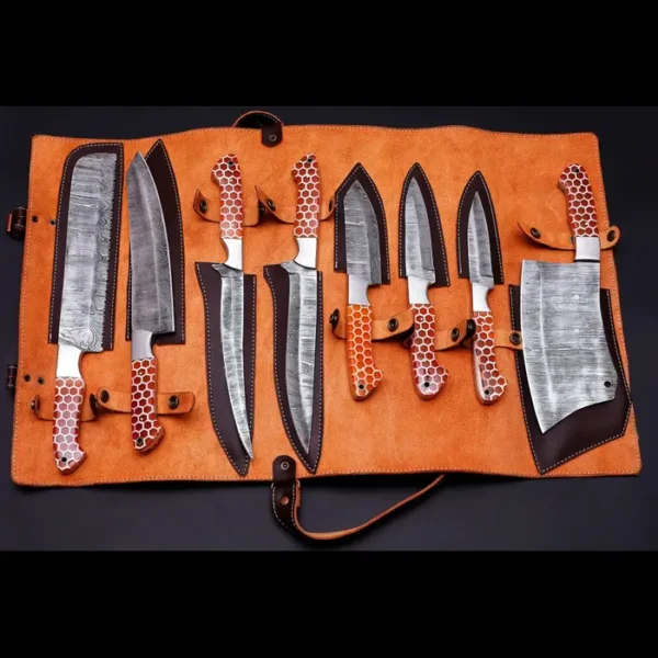 HAND FORGED Chef Set, Hand Forged Damascus Steel Chef Set 8Pcs with Leather Cover, BBQ Chef Set, Kitchen Set, Handmade Chef Set - Image 5