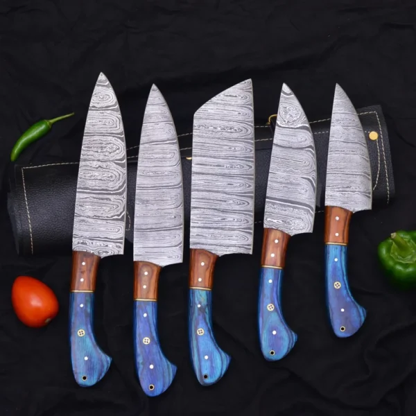 HAND FORGED Damascus Chef Knife Set, Custom Engraved Kitchen Knives 5 Pcs Chef Set With Leather Bag