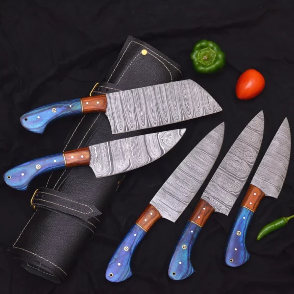 HAND FORGED Damascus Chef Knife Set, Custom Engraved Kitchen Knives 5 Pcs Chef Set With Leather Bag - Image 3