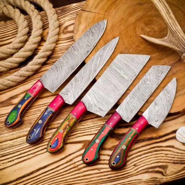 HAND FORGED Handmade Luxury Damascus Steel Chef Knife Set of 5 Pcs, Kitchen Knives, Newly Design Chef Set