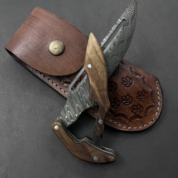 Custom Damascus Blade Folding Pocket Knive Leather Case Hunting Gift For Men Collectible Groomsmen Gifts Outdoorsy Women Gift